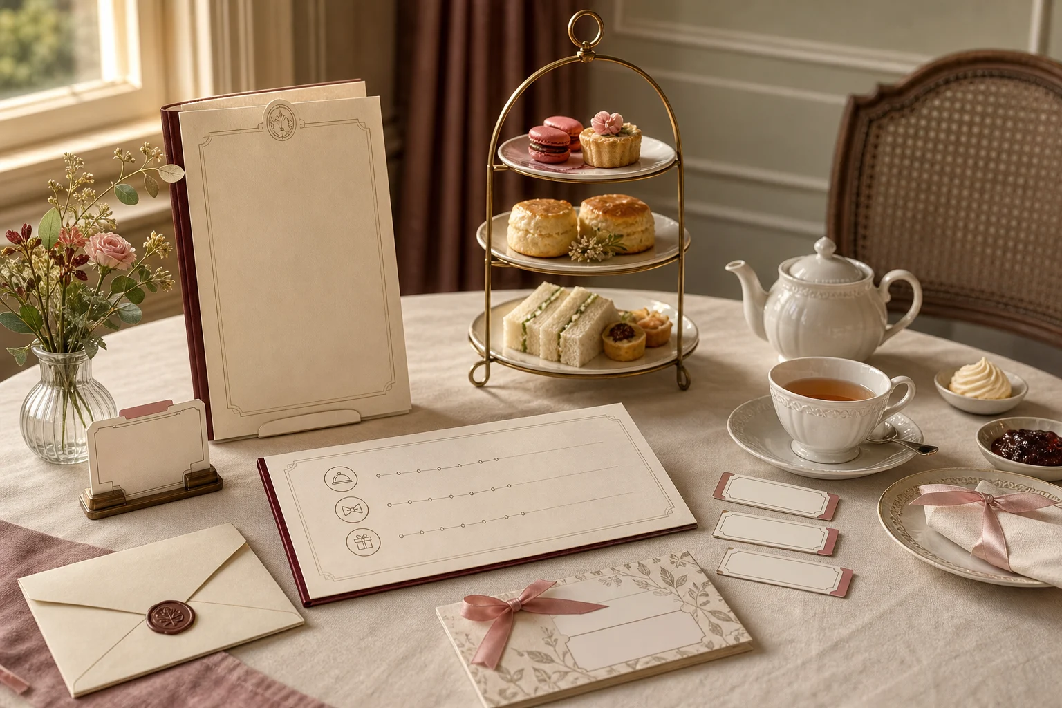 Afternoon Tea Salon bookable tea-service scene with paper folio, menu tiers, and giftable hospitality cues