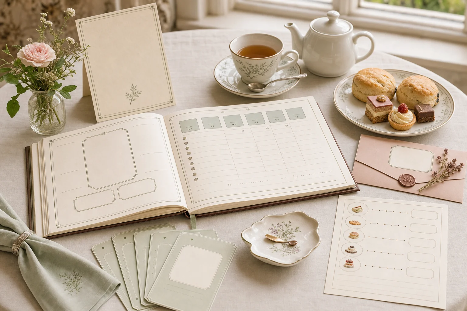 Afternoon Tea Salon reservation workflow scene with menu folio, course schedule, and prepared tea service
