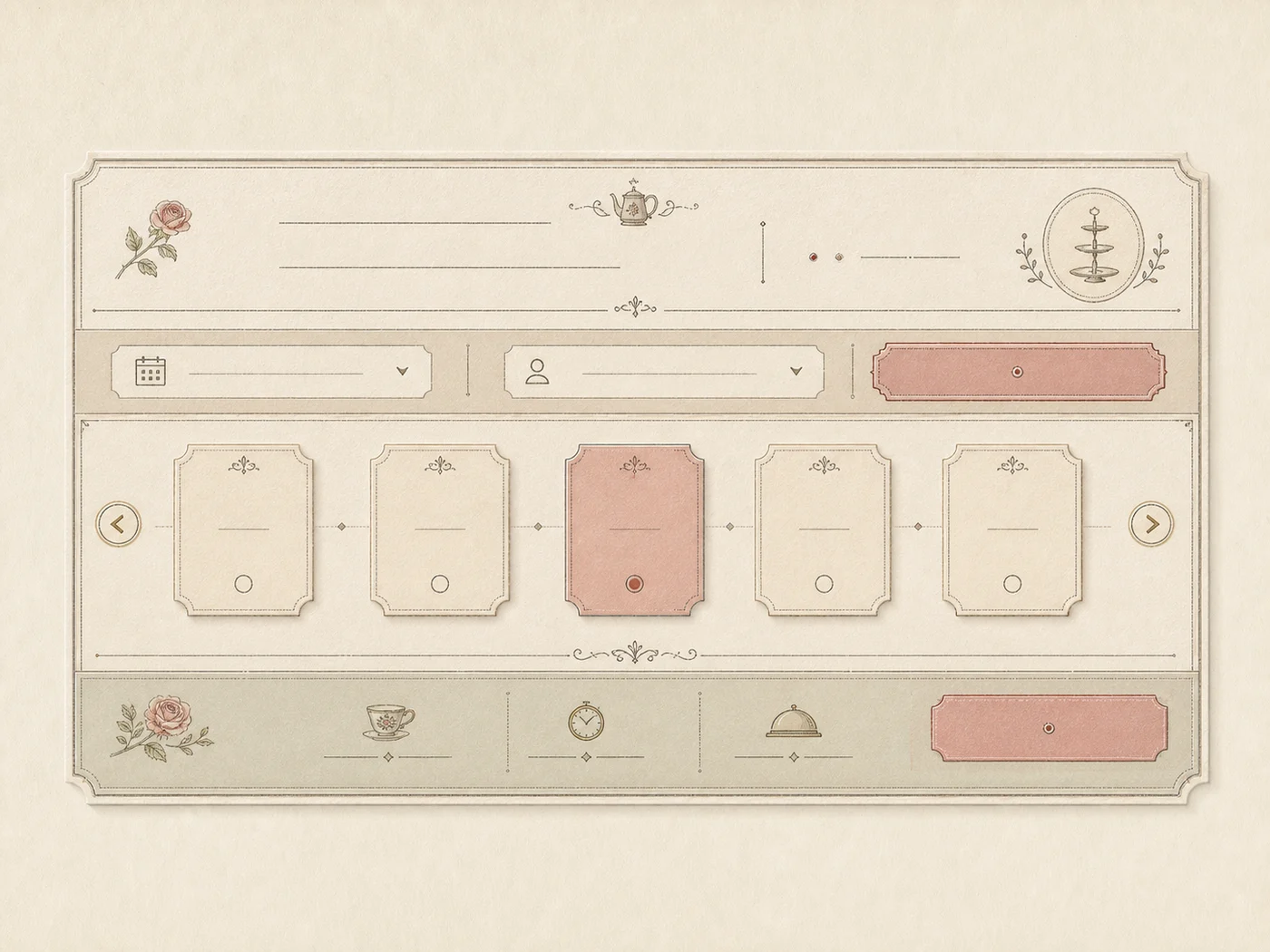 Timed tea-service booking strip component detail for Afternoon Tea Salon UI documentation