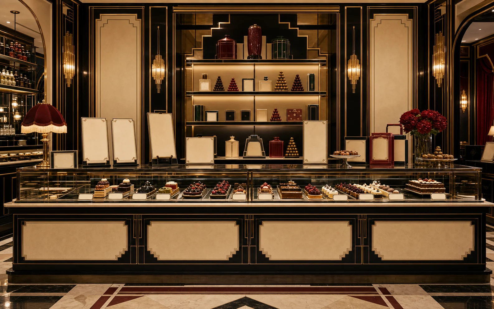 Luxury patisserie retail counter scene for catalogue, landing, and gallery usage