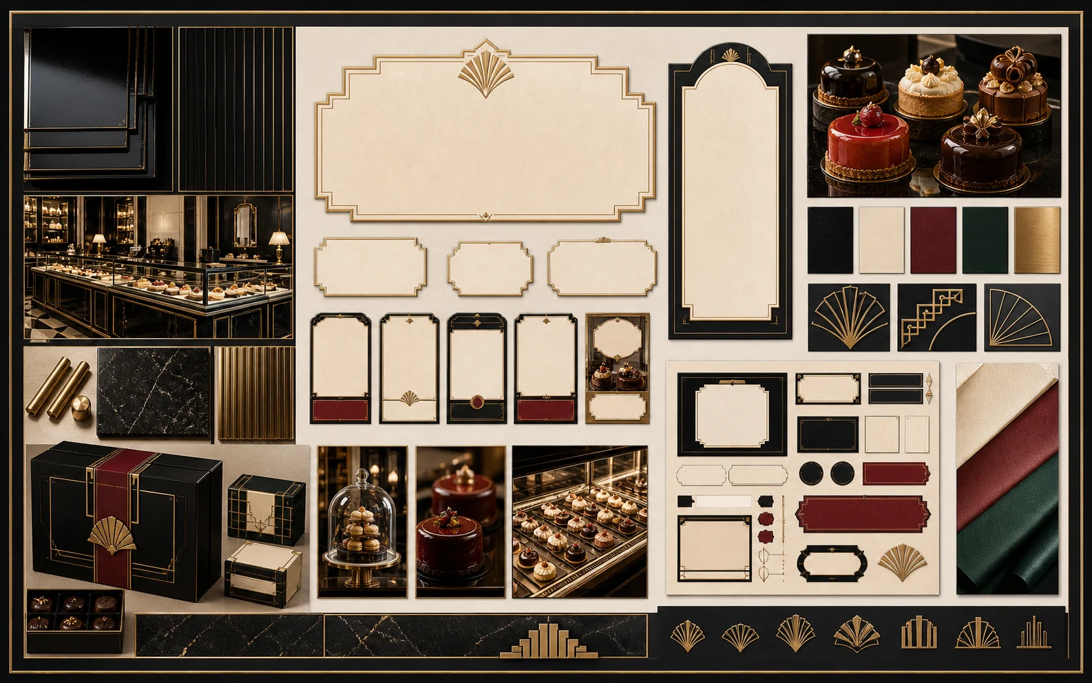 Moodboard plate for Art Deco Patisserie material, layout, retail theatre, and component structure