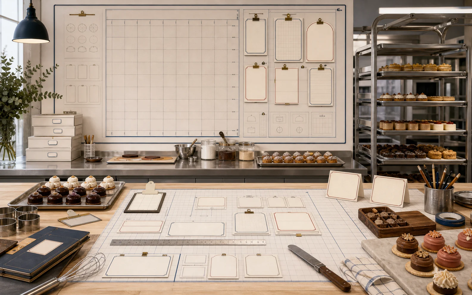 Bakery lab production planning scene for Atelier Blueprint catalogue and landing imagery
