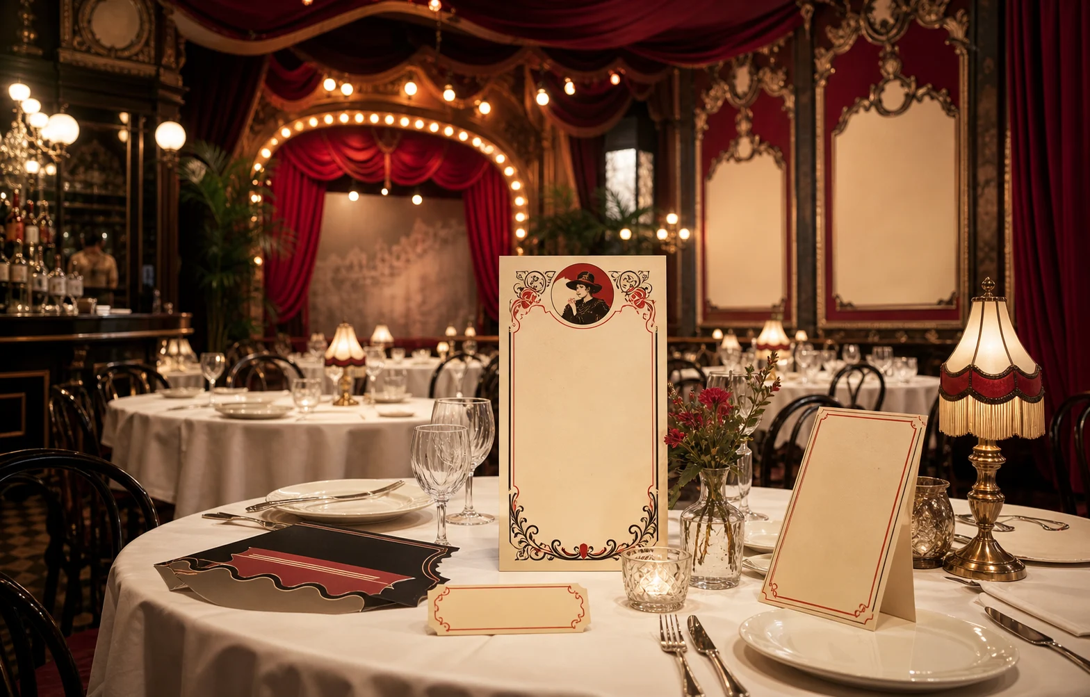 Theatre cafe restaurant launch scene for Belle Epoque Menu Card catalogue, landing, and gallery surfaces