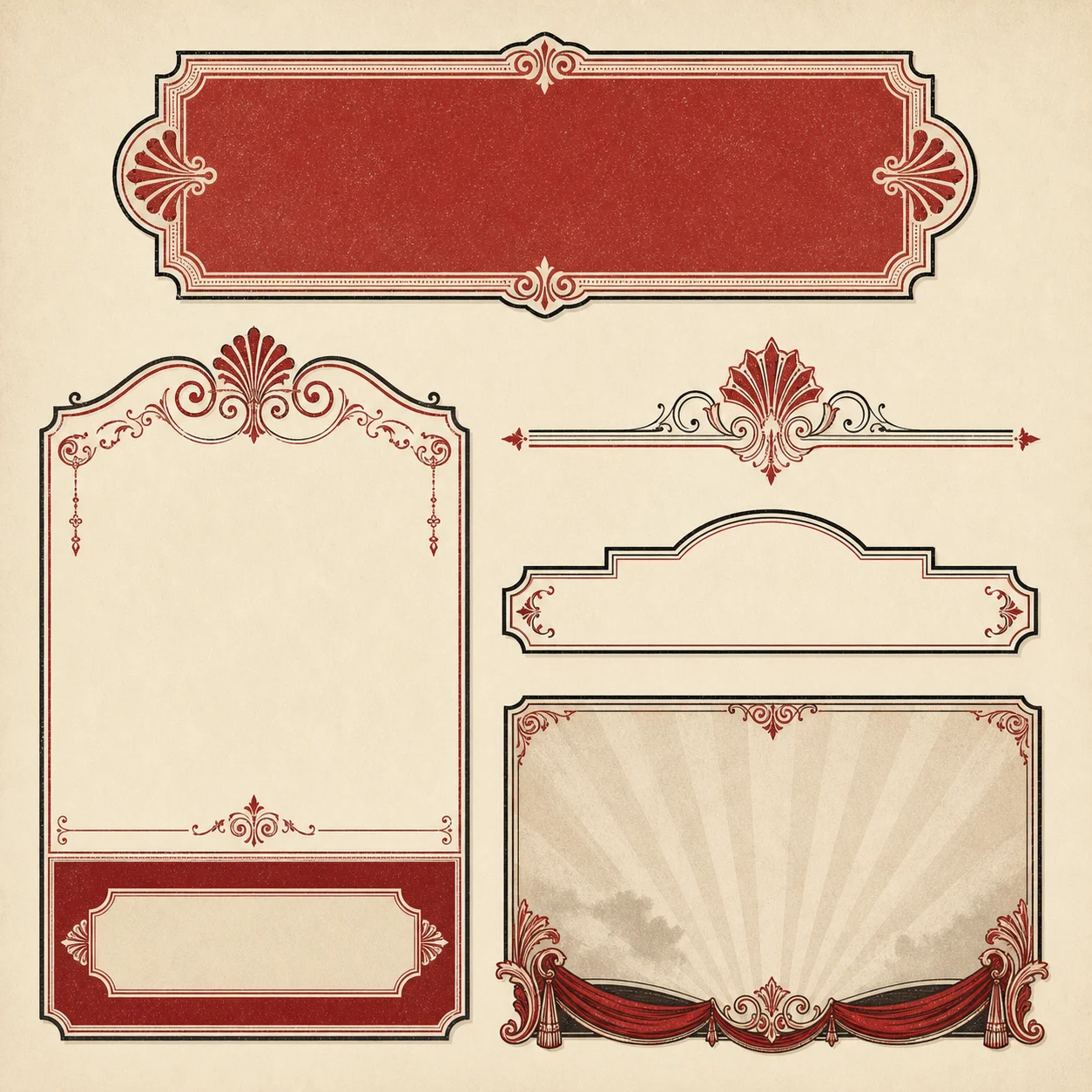 Component sheet for menu-card buttons, tickets, dividers, and framed placeholders