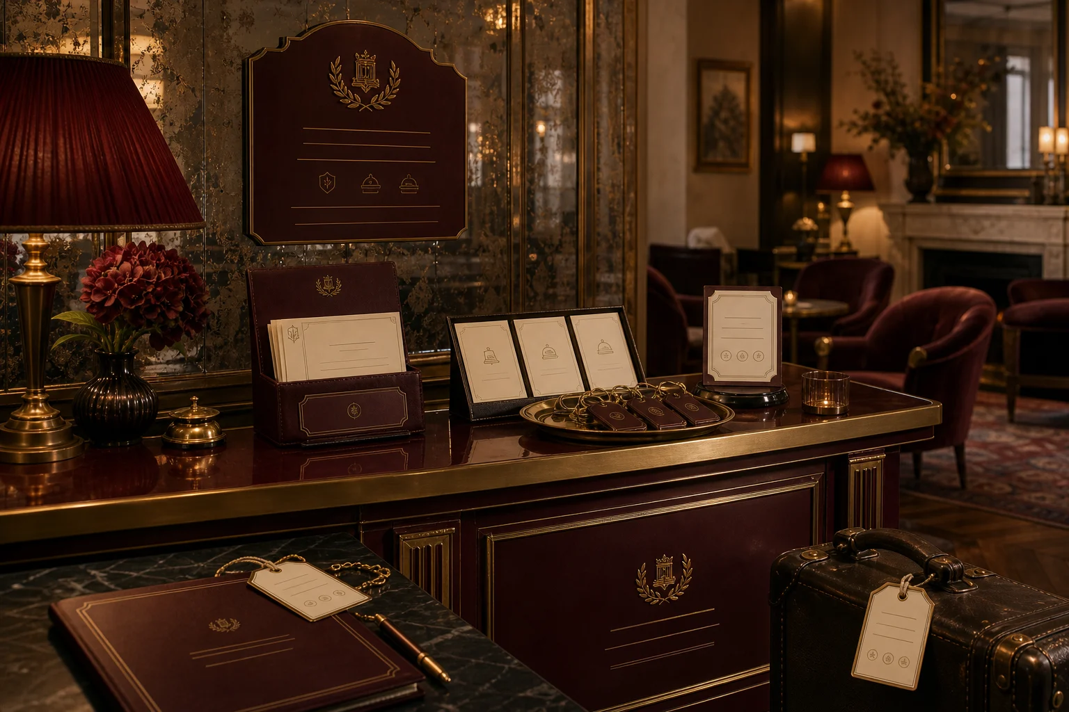 Burgundy Gilded Salon boutique hotel lounge arrival business scene