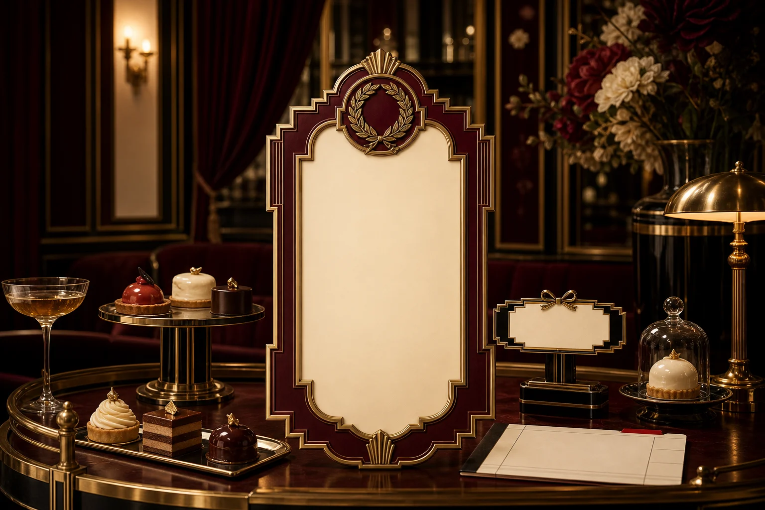 Burgundy Gilded Salon luxury dessert tasting room campaign visual