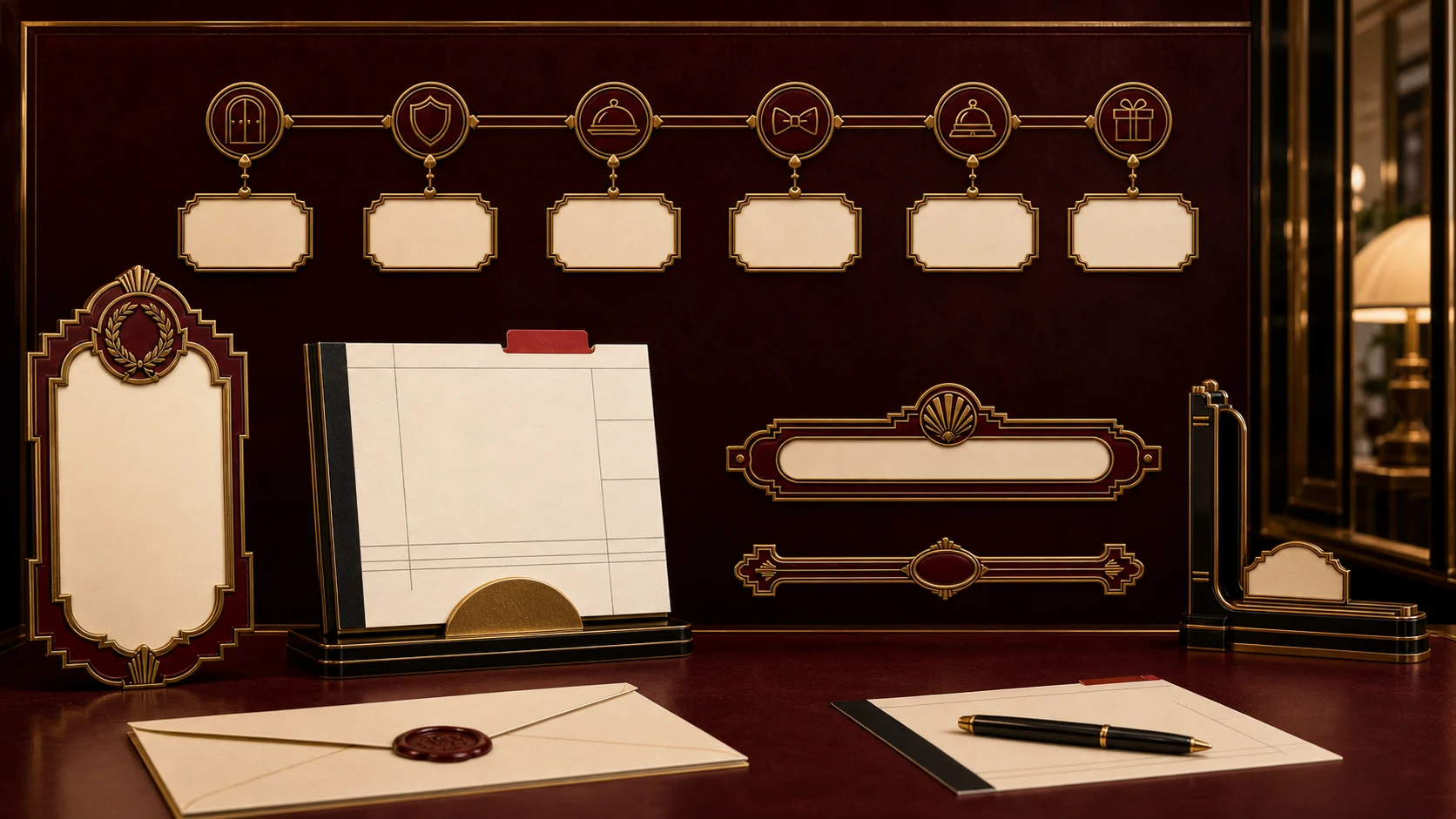 Burgundy Gilded Salon premium service consultation and booking-flow campaign visual
