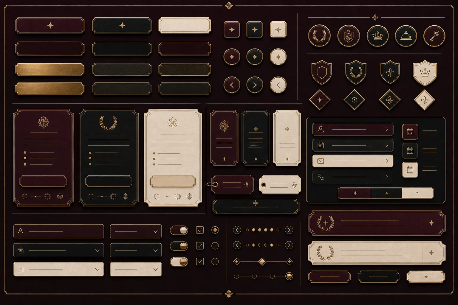 Burgundy Gilded Salon buttons, badges, plaques, cards, and CTA component board