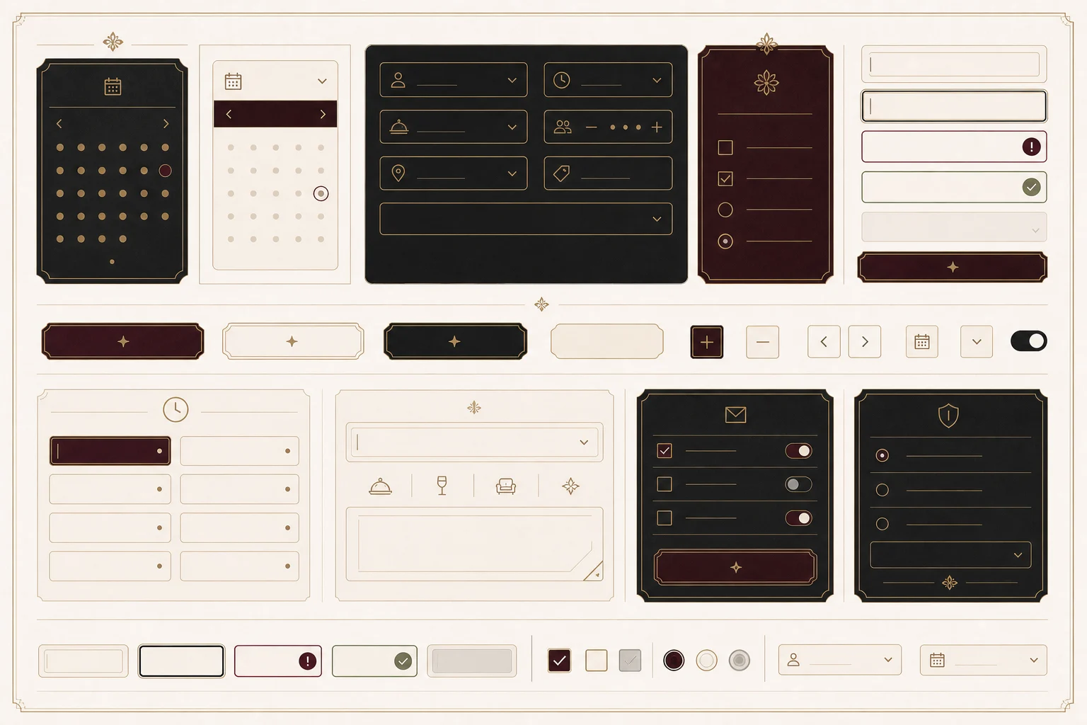 Burgundy Gilded Salon booking forms, date selectors, inputs, dropdowns, and validation states