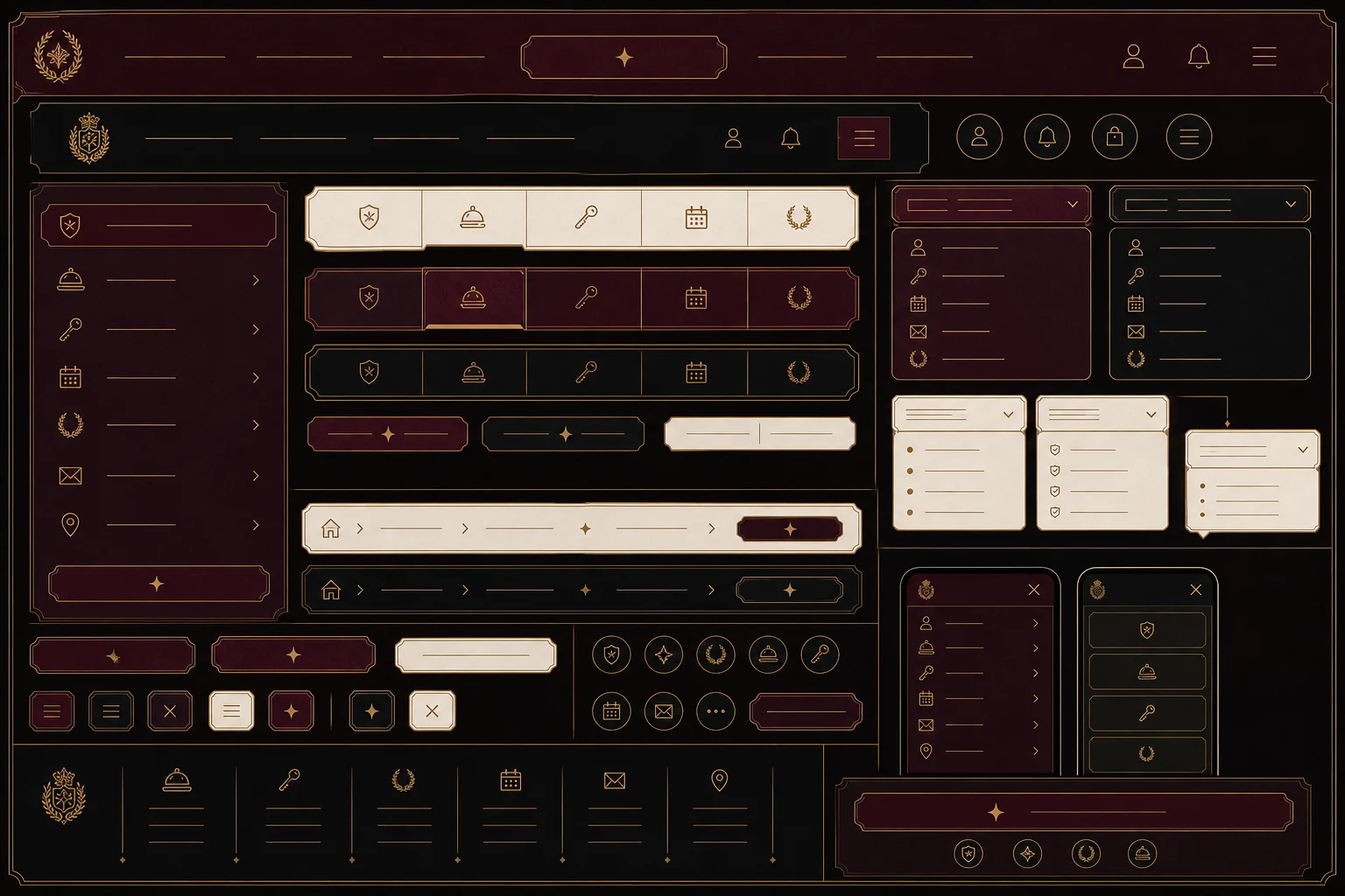 Burgundy Gilded Salon navigation, menus, tabs, breadcrumbs, dropdowns, and command rows