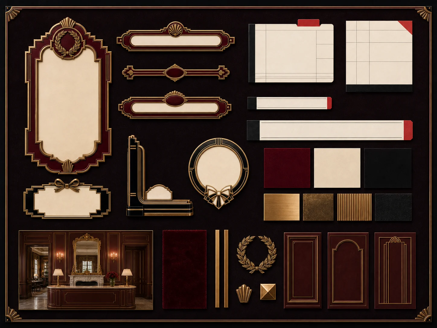 Burgundy Gilded Salon curated moodboard plate for materials, layout rhythm, and hospitality references