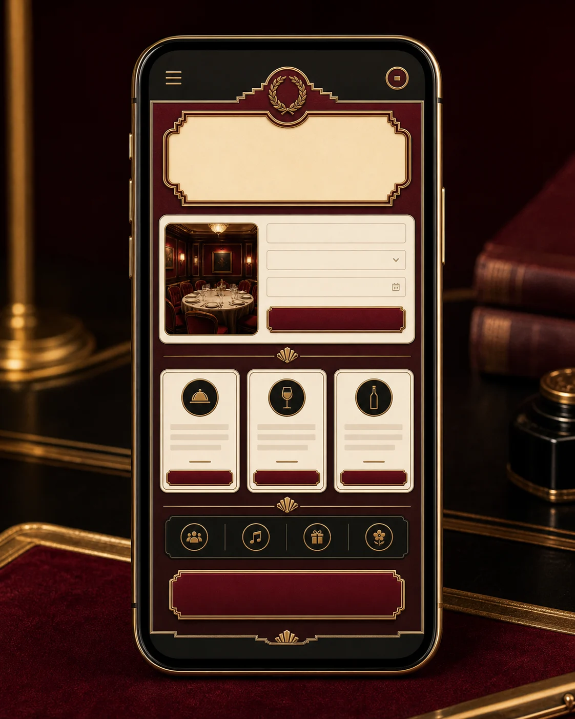 Burgundy Gilded Salon mobile responsive preview for private dining booking page
