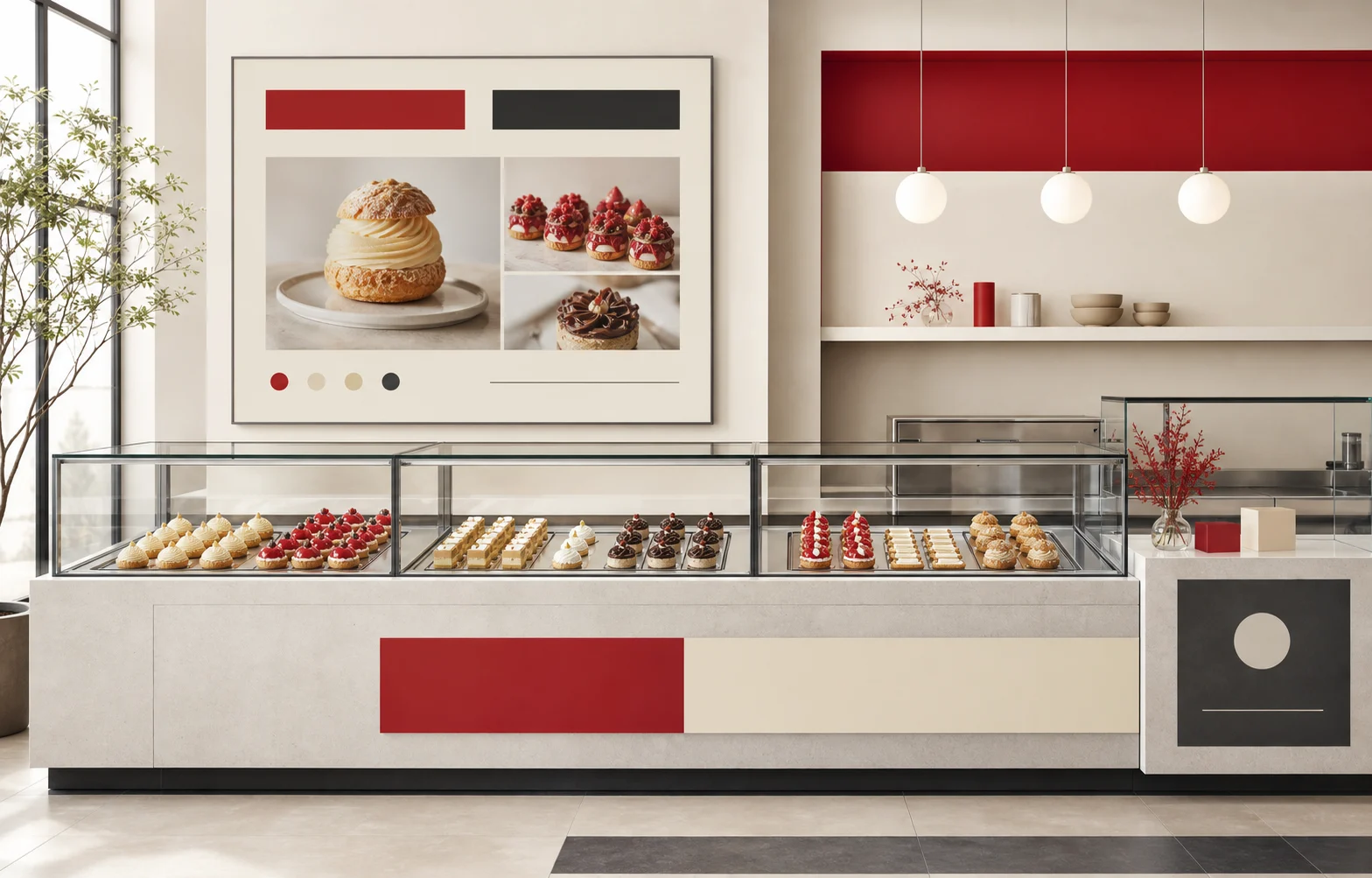 Contemporary patisserie retail counter scene for catalogue, landing, and gallery usage