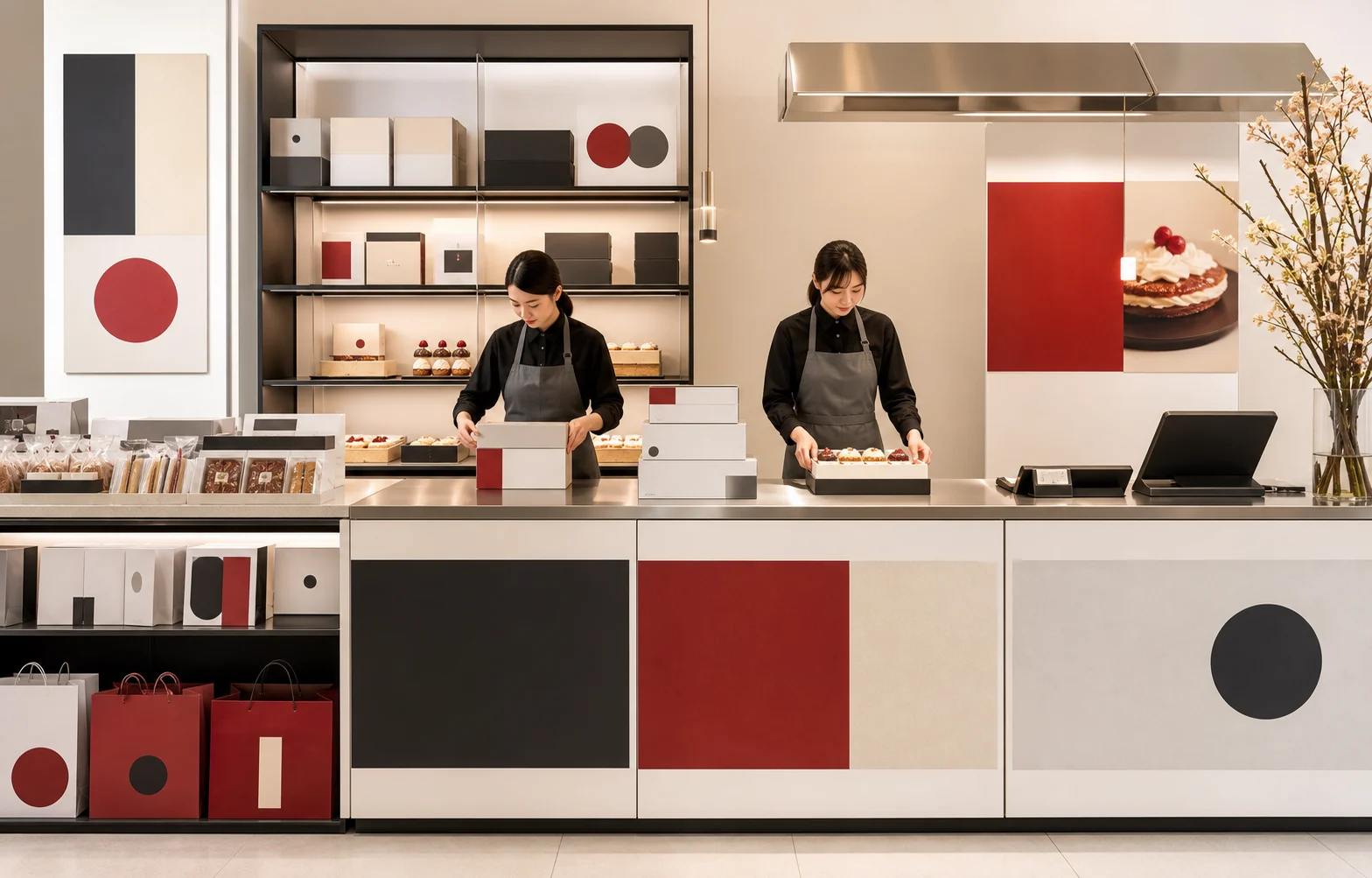 Contemporary patisserie packing and pickup scene for catalogue, landing, and gallery usage