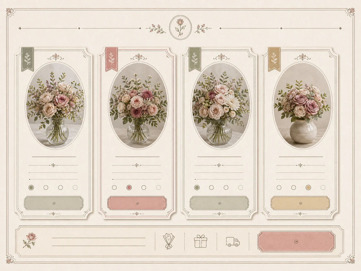 Bouquet and package selector cards component detail for Rose Parlour Atelier UI documentation