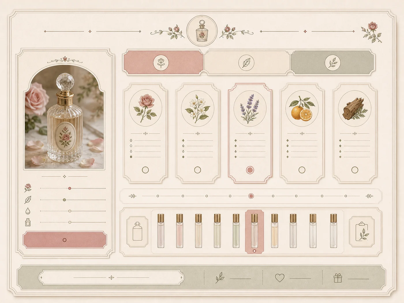 Perfume scent-note selector component detail for Rose Parlour Atelier UI documentation