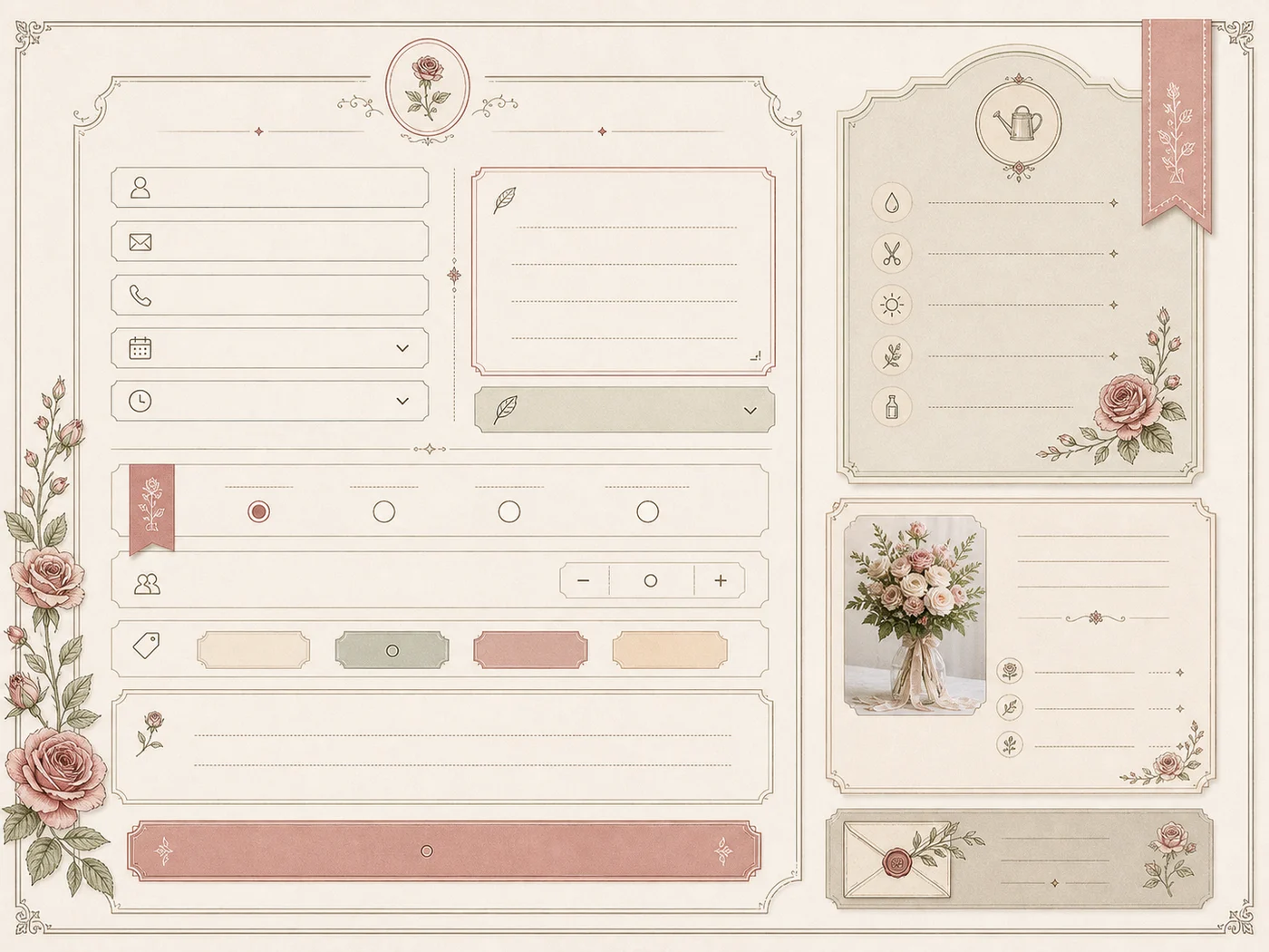 Bridal inquiry form and care-note module component detail for Rose Parlour Atelier UI documentation