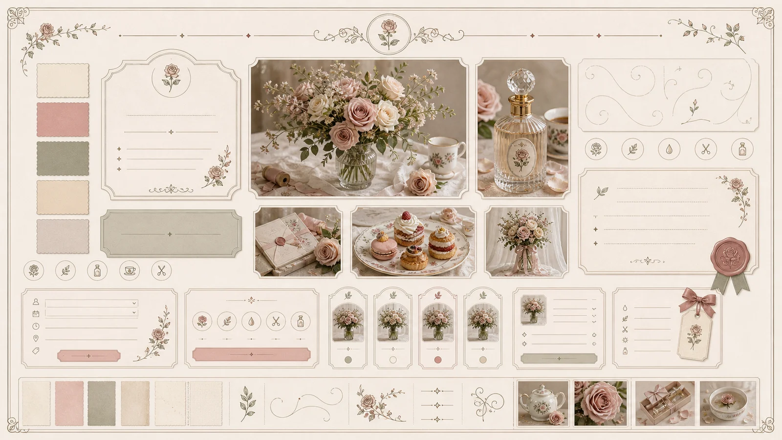 Curated material, color, ornament, and UI moodboard plate for Rose Parlour Atelier
