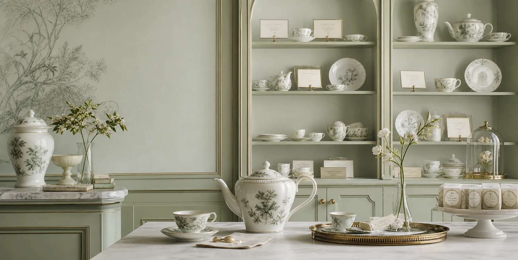Sage & Porcelain Maison catalogue hero, homepage moodboard, and tea-house business-scene preview