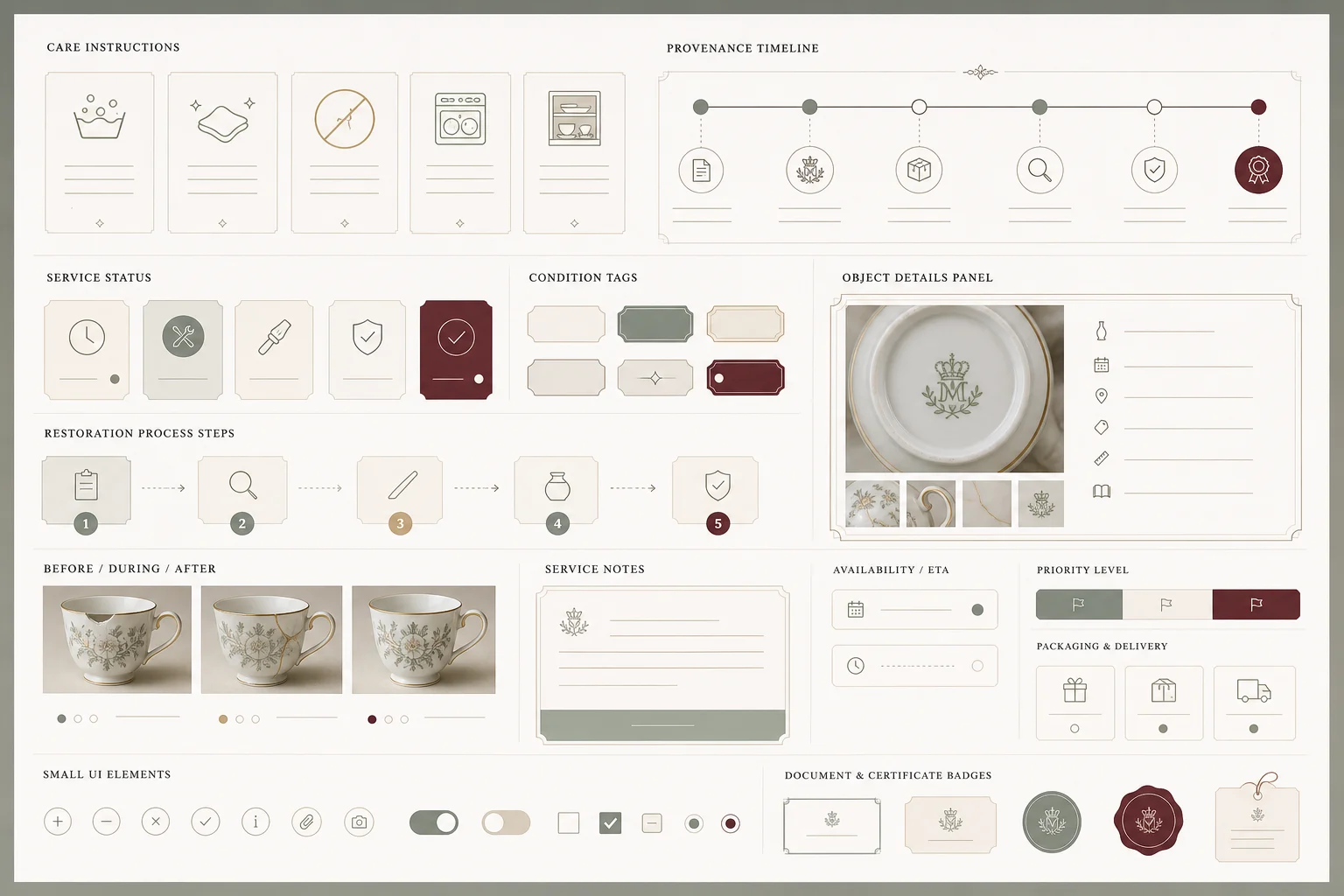 Sage & Porcelain Maison care instruction and provenance timeline component detail