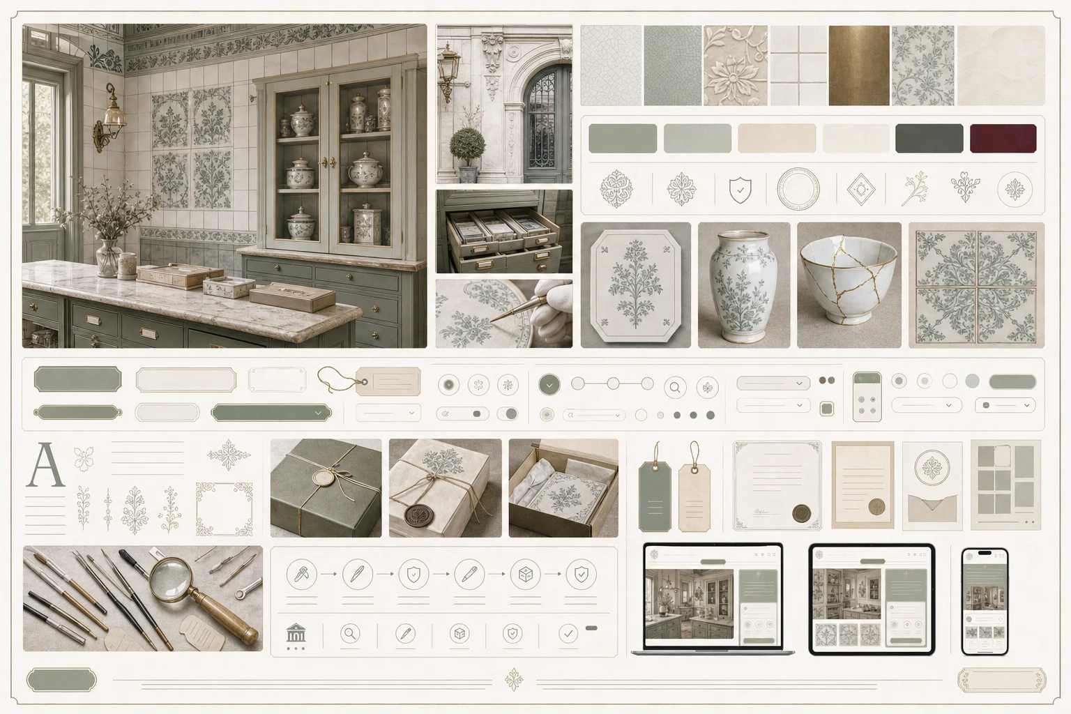 Sage and Porcelain Maison moodboard plate with ceramic interiors, provenance labels, packaging, and service UI