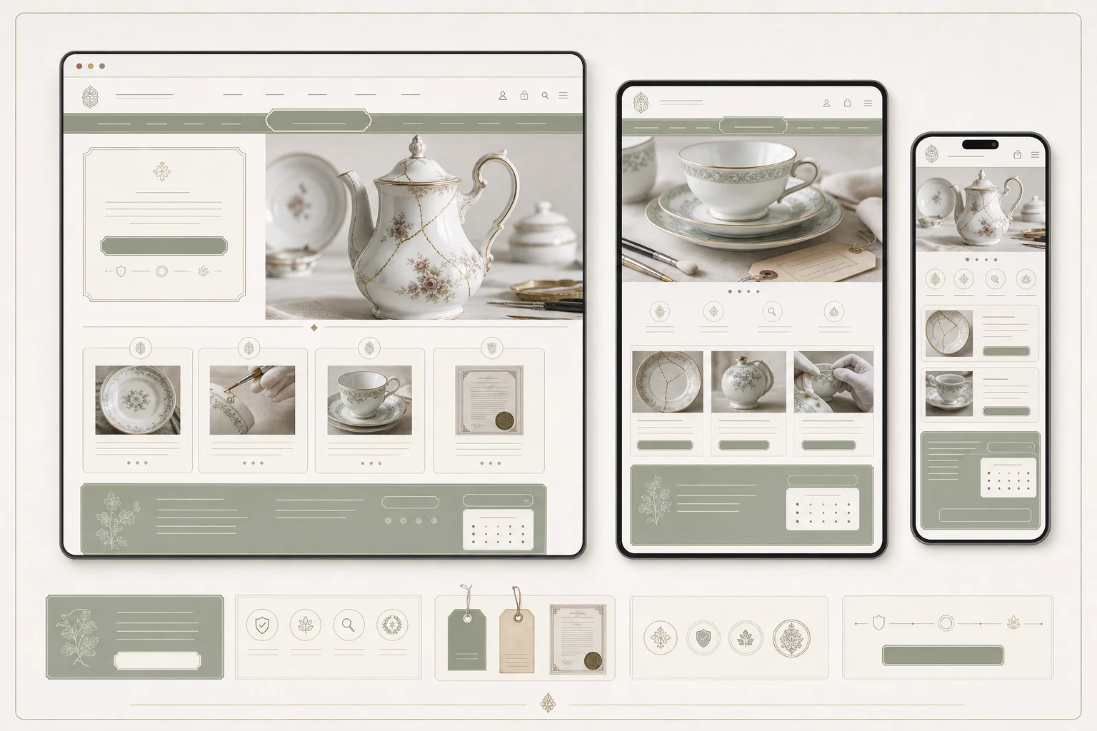Sage & Porcelain Maison desktop, tablet, and phone storefront responsive preview