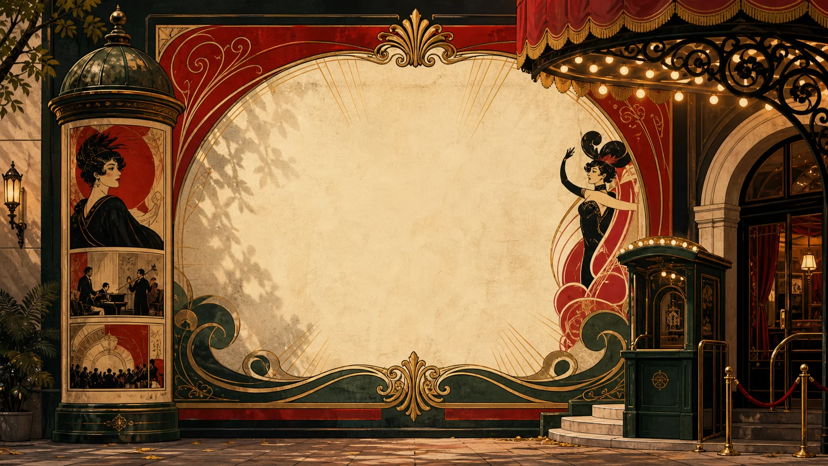 Salon poster theatre surface used as Belle Epoque menu card preview