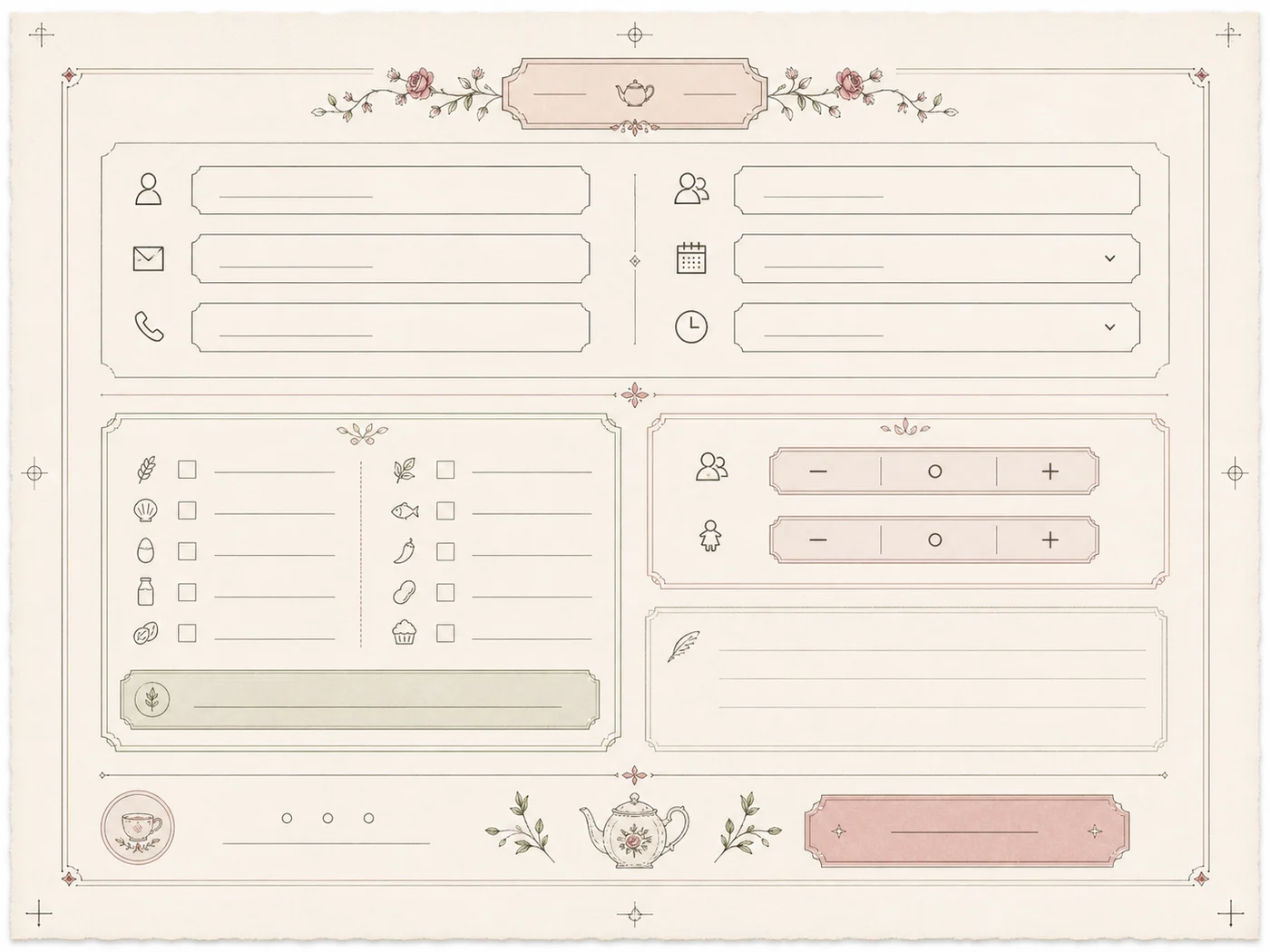 Contact and dietary form component detail for Afternoon Tea Salon UI documentation