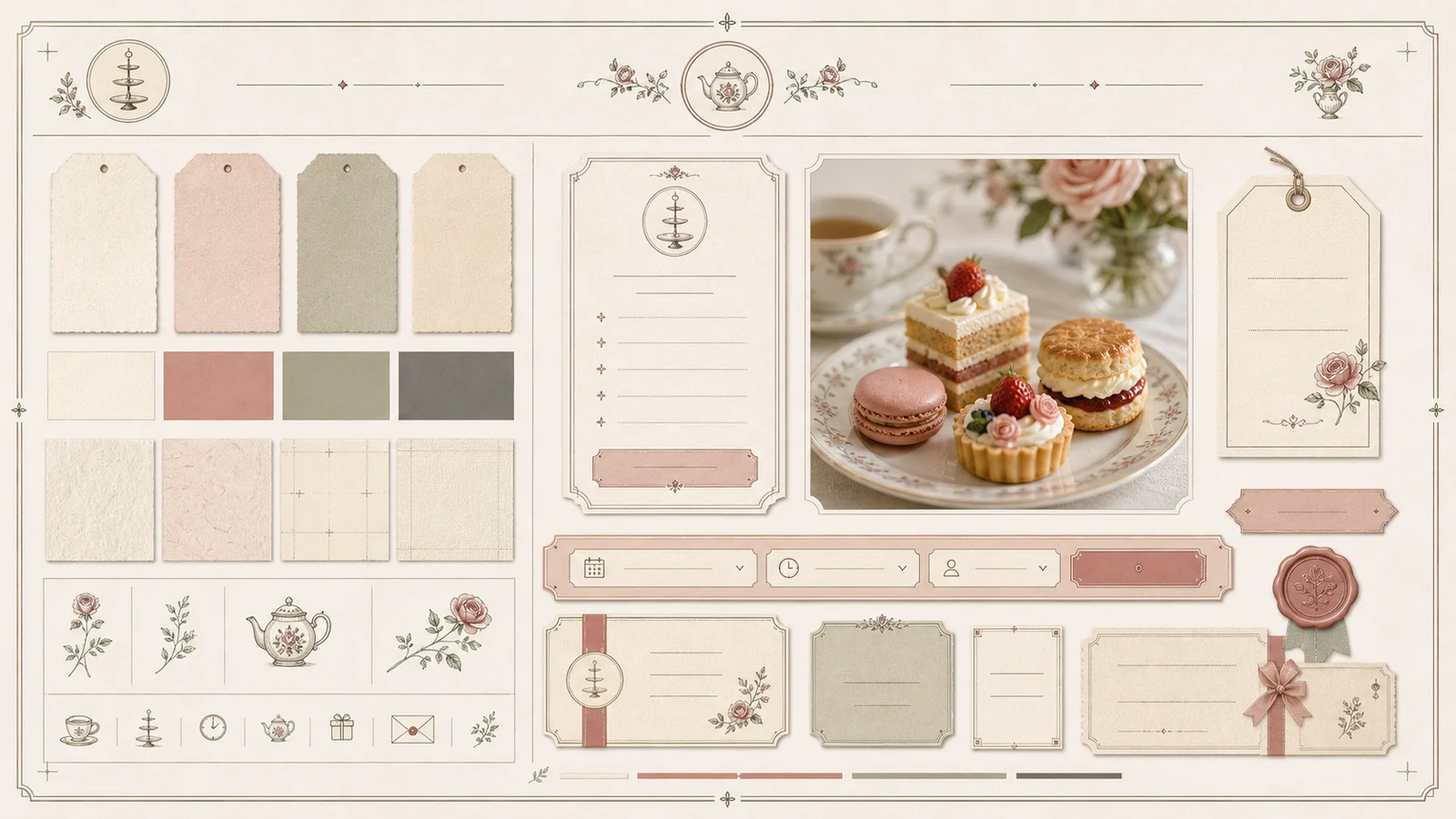 Curated material, color, ornament, and UI moodboard plate for Afternoon Tea Salon