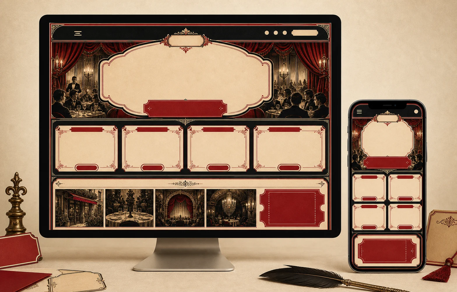 Desktop and mobile responsive preview for theatre cafe menu campaign kit