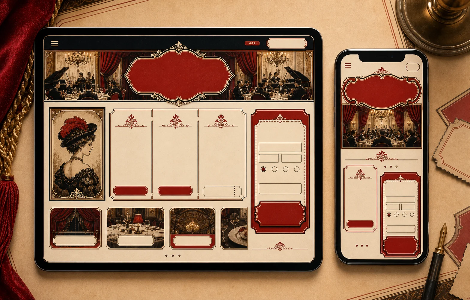 Tablet and phone responsive booking-flow preview for menu browsing and reservation states